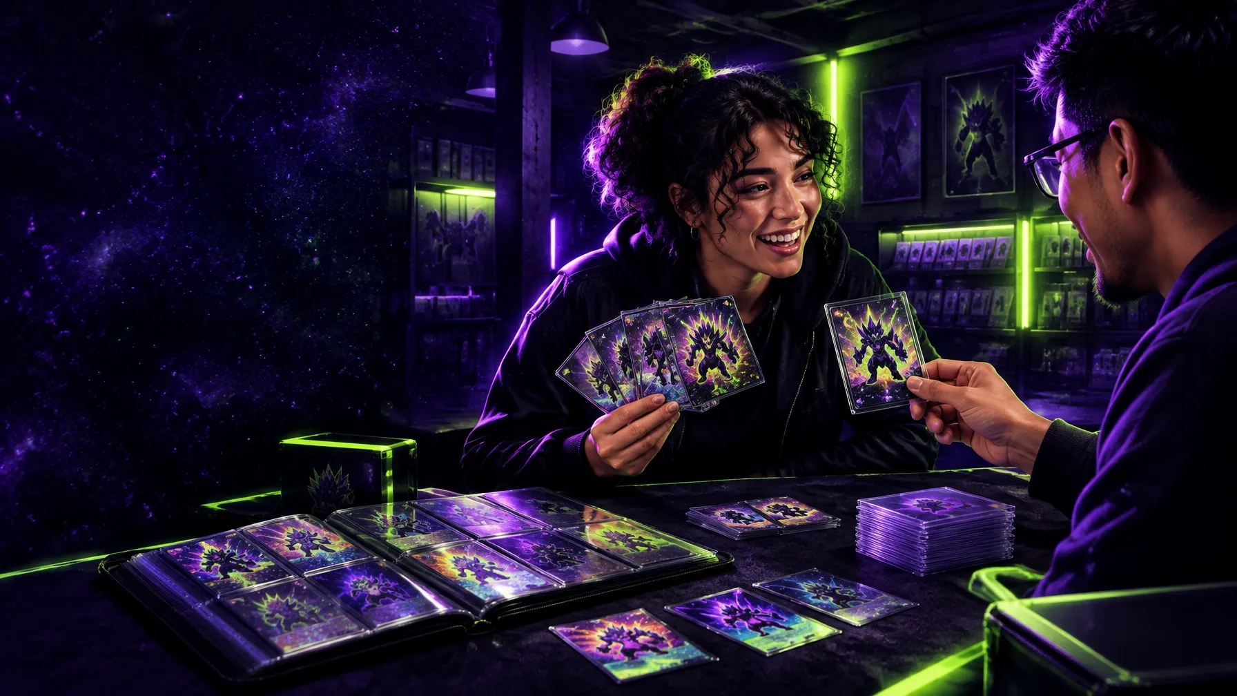 Two collectors trading shiny monster cards across a neon-lit table