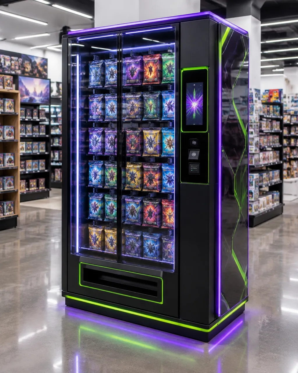 Original collectible card vending machine glowing purple and lime in a modern retail aisle